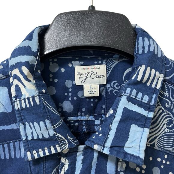 J Crew Mens Indian Madras Patchwork Blue Button Up Shirt Size L Blue Indigo Dyed - Picture 7 of 9